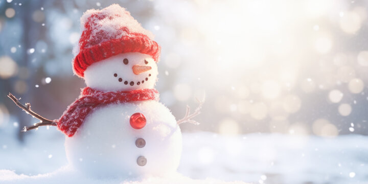 snowman in red cap and scarf on snow with bokeh background. Christmas card.