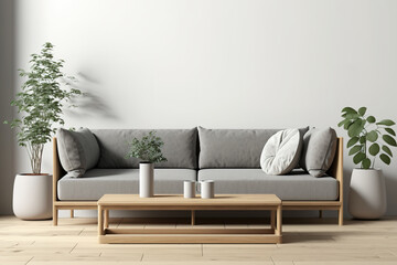 Wooden minimalist living room with gray sofa and coffee table. mockup. Generative AI