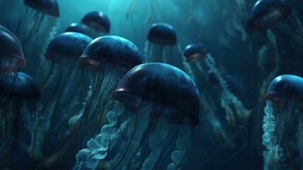 Fototapeta na wymiar Underwater blue jellyfish, concept of Aquatic life forms