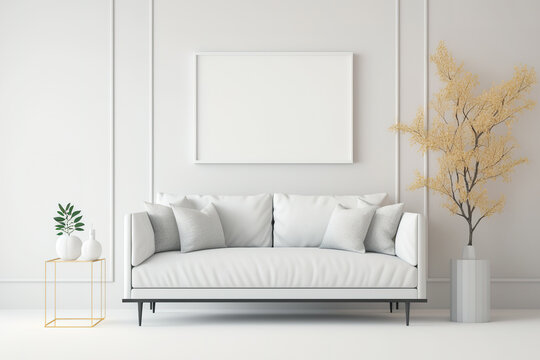 White sofa, flower, and wall mockup in living room. Generative AI