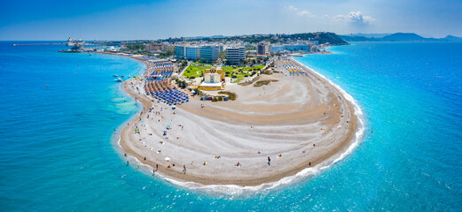 Aerial view of Elli beach on Rhodes island, Dodecanese, Greece, Europe - obrazy, fototapety, plakaty