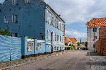 Elsinore Street with Kronborg Castle on background - Helsingor, Denmark