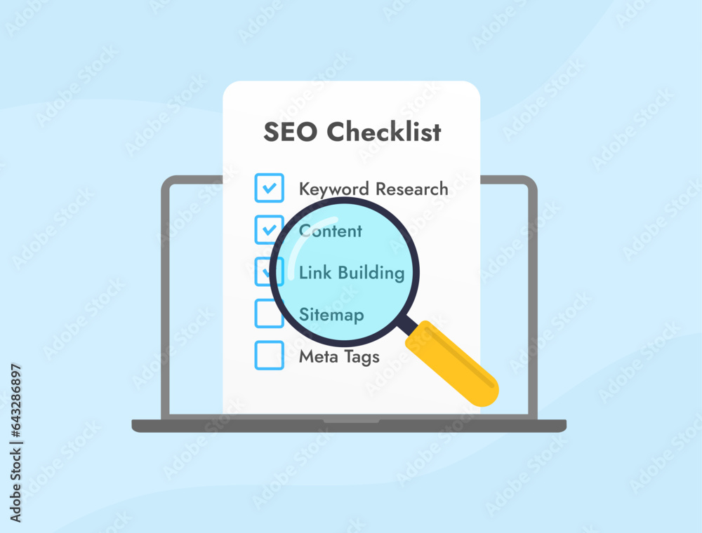 Poster seo checklist document on laptop monitor screen. seo checklist verification with magnifying glass fo