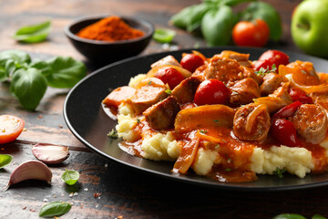 Devilled Sausages with mashed potato, spiced tomato and apple sauce.