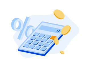 Financial Management with Zero Percent Commission. Economic Recession and Interest Rate Burden. Calculator, Coins and Percentages for Cash Savings and Tax Calculations illustration on white background - obrazy, fototapety, plakaty