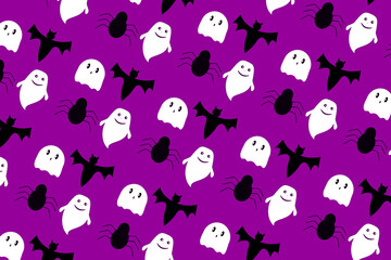 halloween print with ghosts and bat on purple background