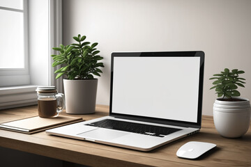 mock-up laptop with a blank screen on a wooden table in a room. Generative AI