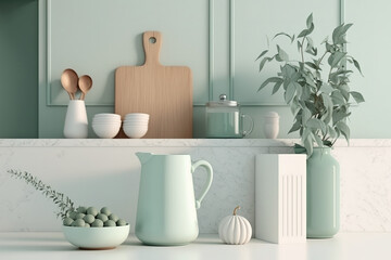 Fototapeta na wymiar Simple kitchen interior mock up design with pastel green counter, white marble top, and beige wall with vase plant, sink, and teapot for product presentation background or branding concept. Generative