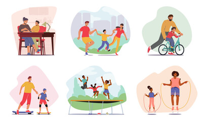 Set Family Leisure And Activities. Parents And Kids Doing Homework, Walking Together, Father Teaching Son to Ride Bike