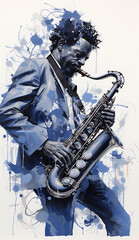 man playing saxophone, jazz, made of watercolor, gouache paint, white background, isolated, generative ai