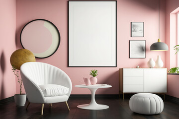 Pink walls, dark wooden floor, white armchair near round coffee table, and vertical mock-up poster frame in living room. Generative AI