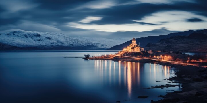 Majestic Sevanavank Monastery at Twilight: A Cinematic Landscape Shot, generative ai