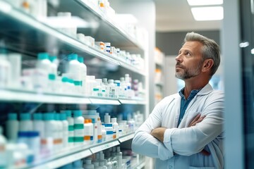 Fototapeta premium A gray haired middle aged man in a white coat looks at a pharmaceutical display and chooses a medicine