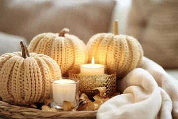  Textile knitted craft pumpkins beige colour with candles. Cozy home craft DIY decor for autumn fall season. AI Generative © Alina