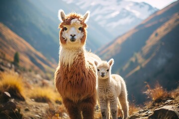 Fototapeta premium Portrait of an alpaca and a small alpaca called cria in the valley of the green mountains