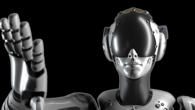 portrait of a female robot whose hand slides across a virtual display. the focus of the camera is on the face, has an alpha channel