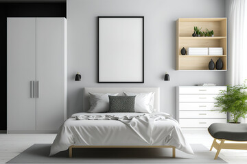 Contemporary bedroom interior with furniture, shelves, and an empty, white mock-up poster. Concept for design and style. Generative AI