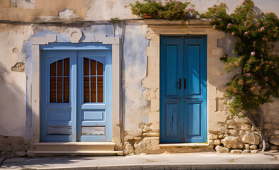 Fototapeta na wymiar Beautiful scenic old ancient white colorful houses buildings blue window shutters and blue wooden doors rustic walls. Popular tourist vacation destination, Mediterranean village architecture.