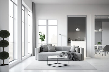 minimalistic interior of an ultramodern open-plan apartment with white and gray walls with relief. gray elegant upholstery and large windows. Generative AI