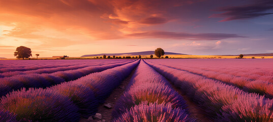 Breathtaking nature landscape. Panoramic lavender meadow fields in Provence Valensole, France....