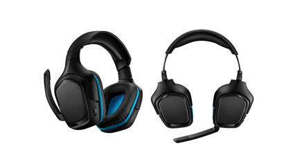 Black and blue gaming headsets isolated on white background.