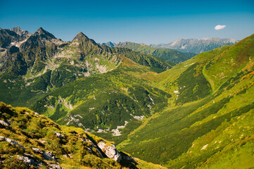 High Tatras Beauty: A breathtaking perspective from the verdant summit of the Belianske Tatras, offering a mesmerizing view into a valley blanketed in vibrant green
