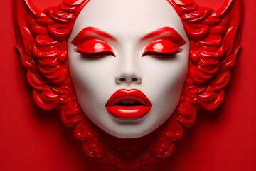Red head with red lipstick and eye shadow on a red background. - obrazy, fototapety, plakaty