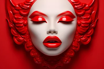 Foto op Plexiglas Red head with red lipstick and eye shadow on a red background. © JulMay