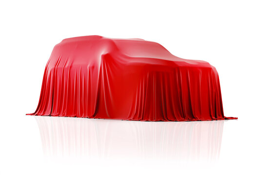 SUV covered with red cloth on a white background.	
