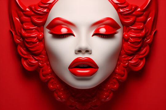Fototapeta Red head with red lipstick and eye shadow on a red background.