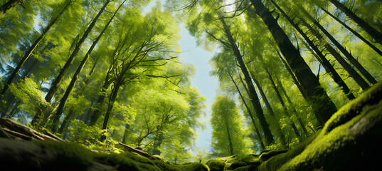  Looking up at the green tops of trees. Italy