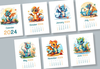 2024 Calendar with cute dragons illustrations AI generated 