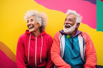 Happy old couple in colorful clothes in front of a colorful background wall.