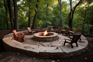 Backyard porch flaunting a crackling campfire amid the darkness. Generate Ai