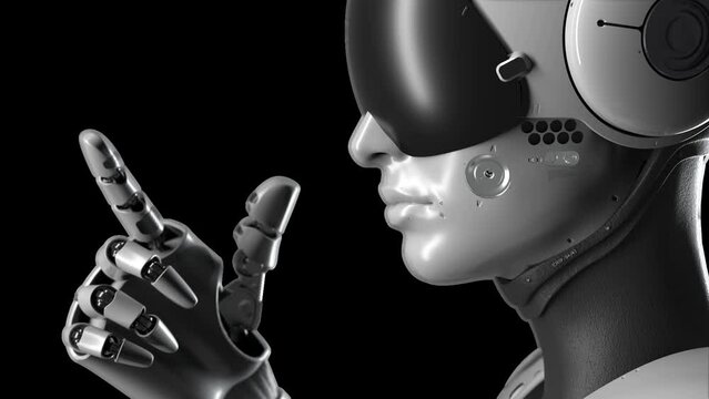 female robot medium framing, side view, robot makes a gesture to come closer. has an alpha channel
