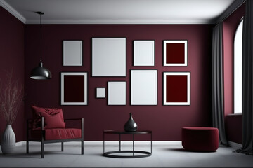 Modern interior flat dark red, maroon color room with single chair, no plant, gallery wall template with 8 frames for poster presentation, poster presentation. Generative AI