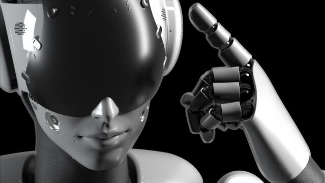 portrait of a robot woman in close-up, the robot makes a gesture of denial. has an alpha channel