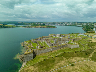 Aerial view of Charles Fort, start shape coastal military stronghold at Kinsale Bay Ireland with...