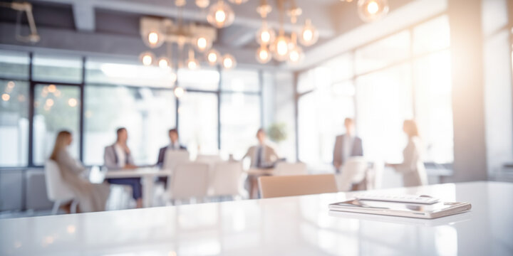 Soft Of Blurred People Meeting At Table. Abstract White Blurred Office Interior Space Background. Business People Working At Office, Blurred Background. Business Concept, Digital Ai