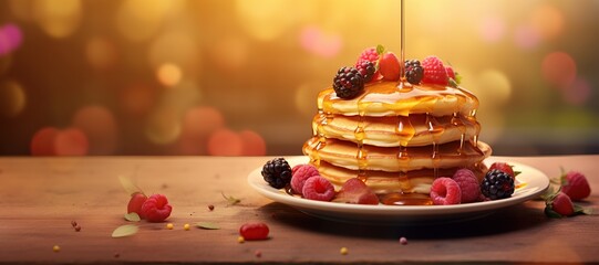 delicious pancakes with berries on top, breakfast with maple syrup and fruit