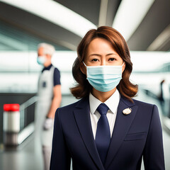Asian American female flight attendant in uniform and tie wears covid mask working at job in airport gate