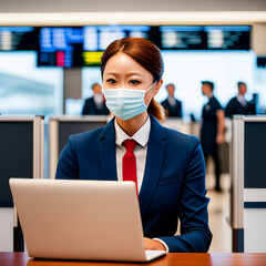 Asian American female flight attendant in uniform wears covid mask working at job waiting on customers at airport gate counter