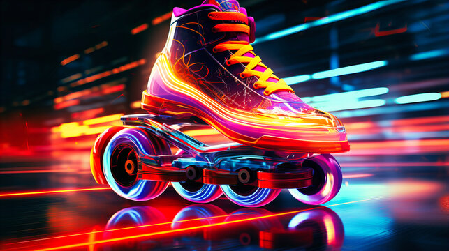 Neon roller skate leaving trails of vibrant color