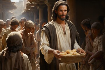 Jesus Christ fed bread to the poor , bible religion, gospels, ancient scriptures history, Jesus hands giving bread to poor , biblical story to feed hungry, charity. - obrazy, fototapety, plakaty