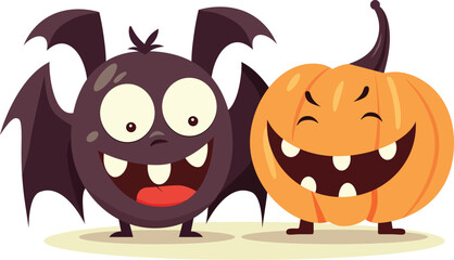 Joyful Halloween Characters - Cute Bat and Pumpkin Laughing