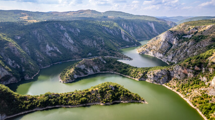 Aerial view to viewpoint Vidikovac Molitva, with curved meanders in canyon of Uvac river, Serbia