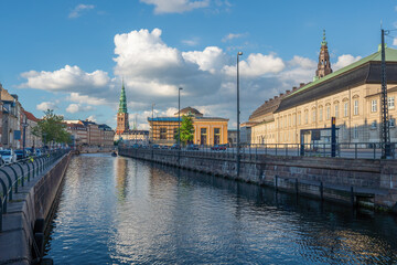 Copenhagen Canal Skyline and Slotsholmen with Nikolaj Kunsthal Tower - Copenhagen, Denmark