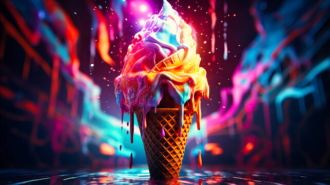 Neon ice cream cone dripping with glowing flavors