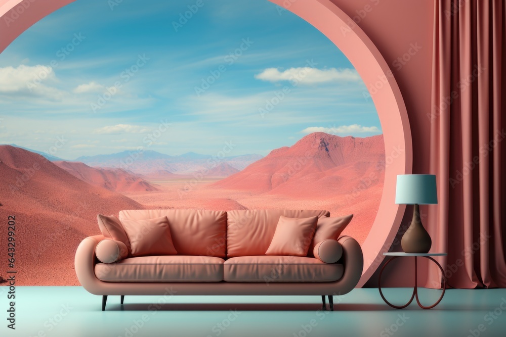 Aufkleber a couch sitting in front of a window with mountains in the background. generative ai image.