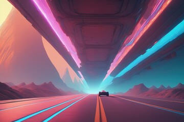 3 d render of a futuristic background with colorful neon lights and a car3 d render of a futuristic background with colorful neon lights and a car3 d render of futuristic sci - fi futuristic tunnel wi - obrazy, fototapety, plakaty